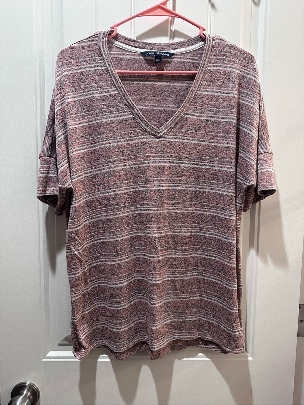 Calvin Klein Jeans Men's Mauve Striped V-Neck Short Sleeve Shirt